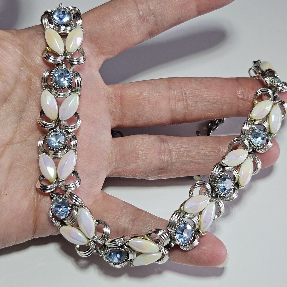 BSK Vintage Silver Tone Blue Crystal Iridescent Bead Statement Bib Necklace